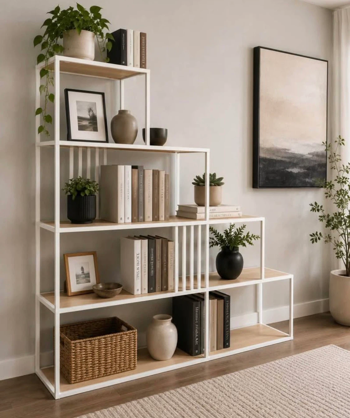 New White and Natural Wood Bookshelf Display Case