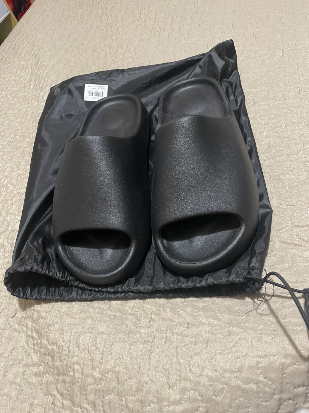 Black Slides with Drawstring Bag