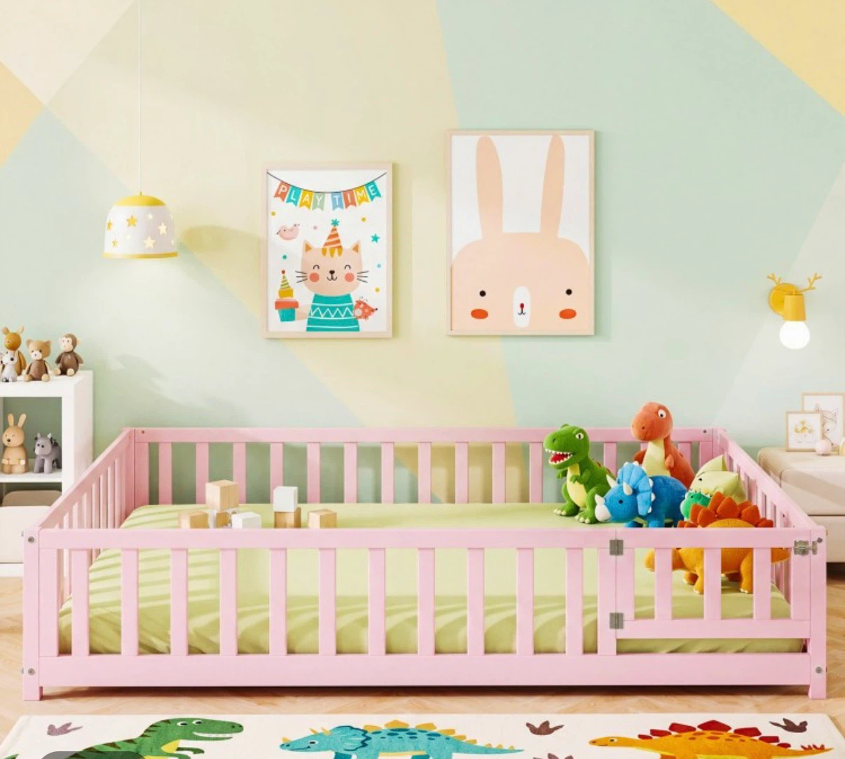 New! Pink Montessori Queen Floor Bed with Rails