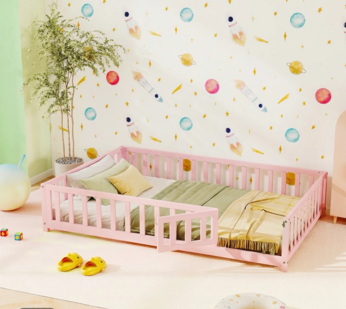 New! Pink Montessori Queen Floor Bed with Rails - photo 2
