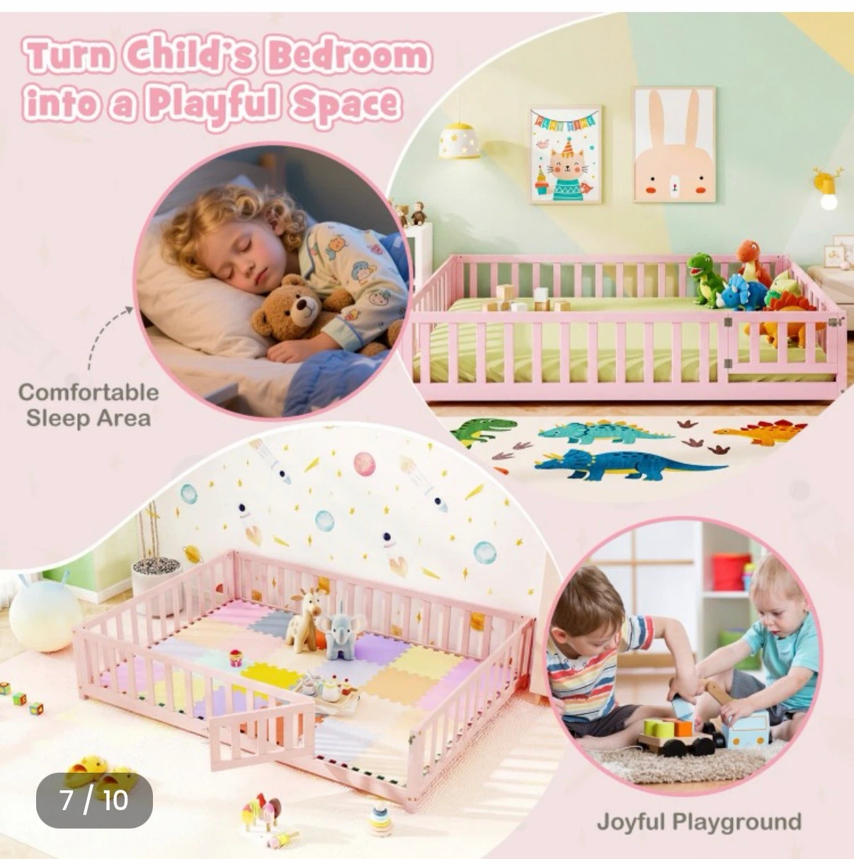 New! Pink Montessori Queen Floor Bed with Rails - photo 3