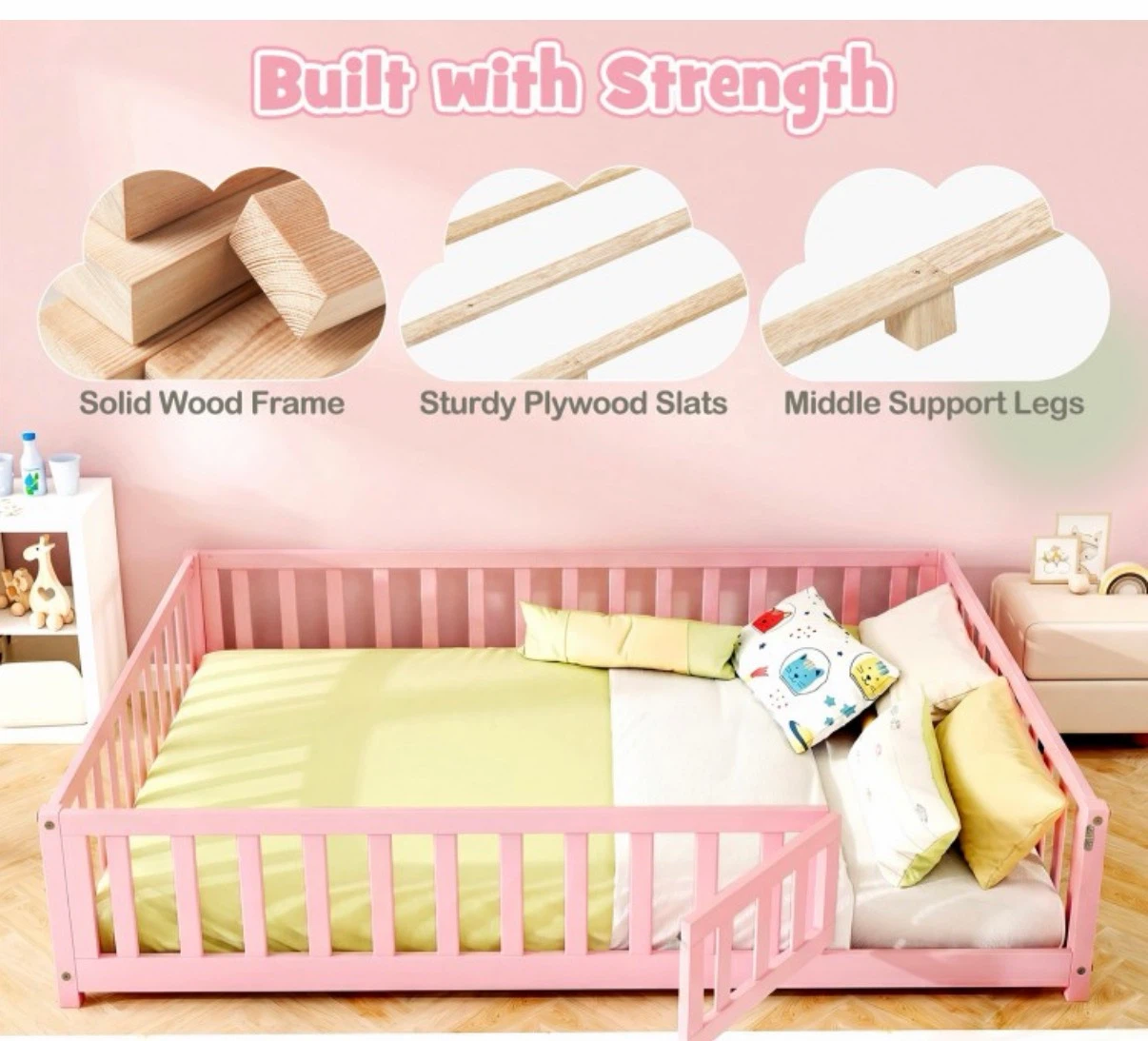 New! Pink Montessori Queen Floor Bed with Rails - photo 4