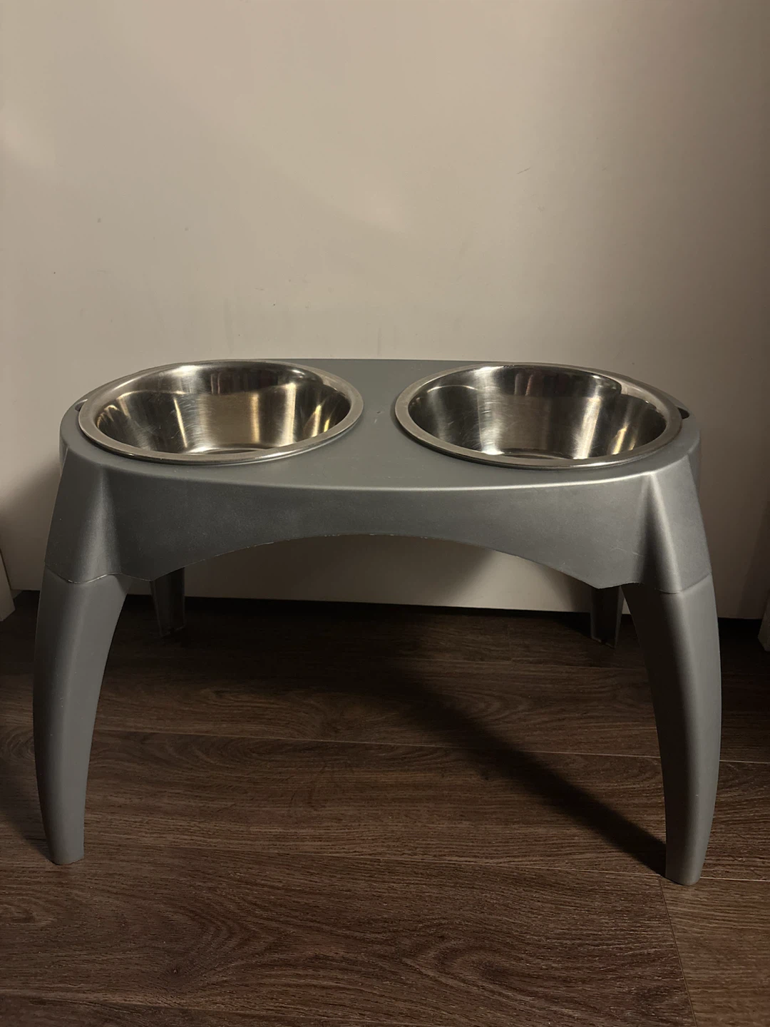 Grey Pet Feeder with Two Stainless Steel Bowls