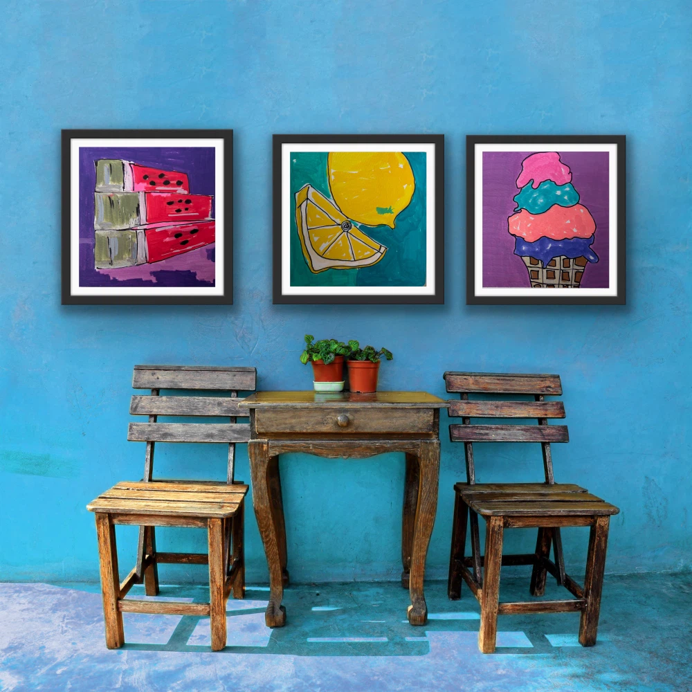 Set of 3 unFramed original Art  - Watermelon, Lemon, Ice Cream