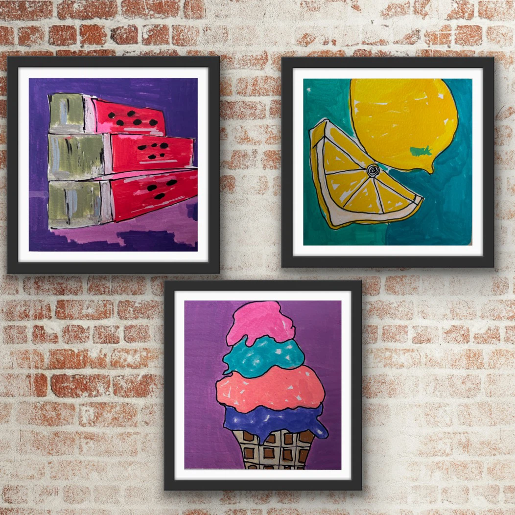 Set of 3 unFramed original Art  - Watermelon, Lemon, Ice Cream - photo 2