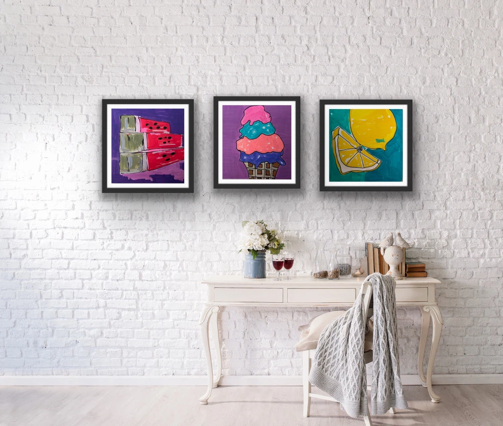 Set of 3 unFramed original Art  - Watermelon, Lemon, Ice Cream - photo 3