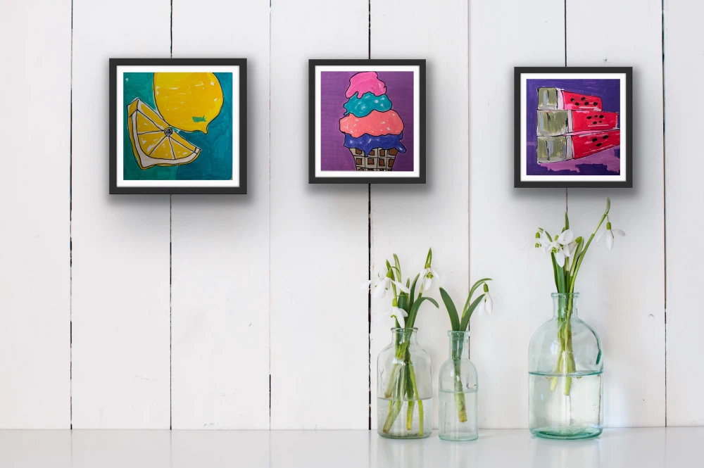 Set of 3 unFramed original Art  - Watermelon, Lemon, Ice Cream - photo 5