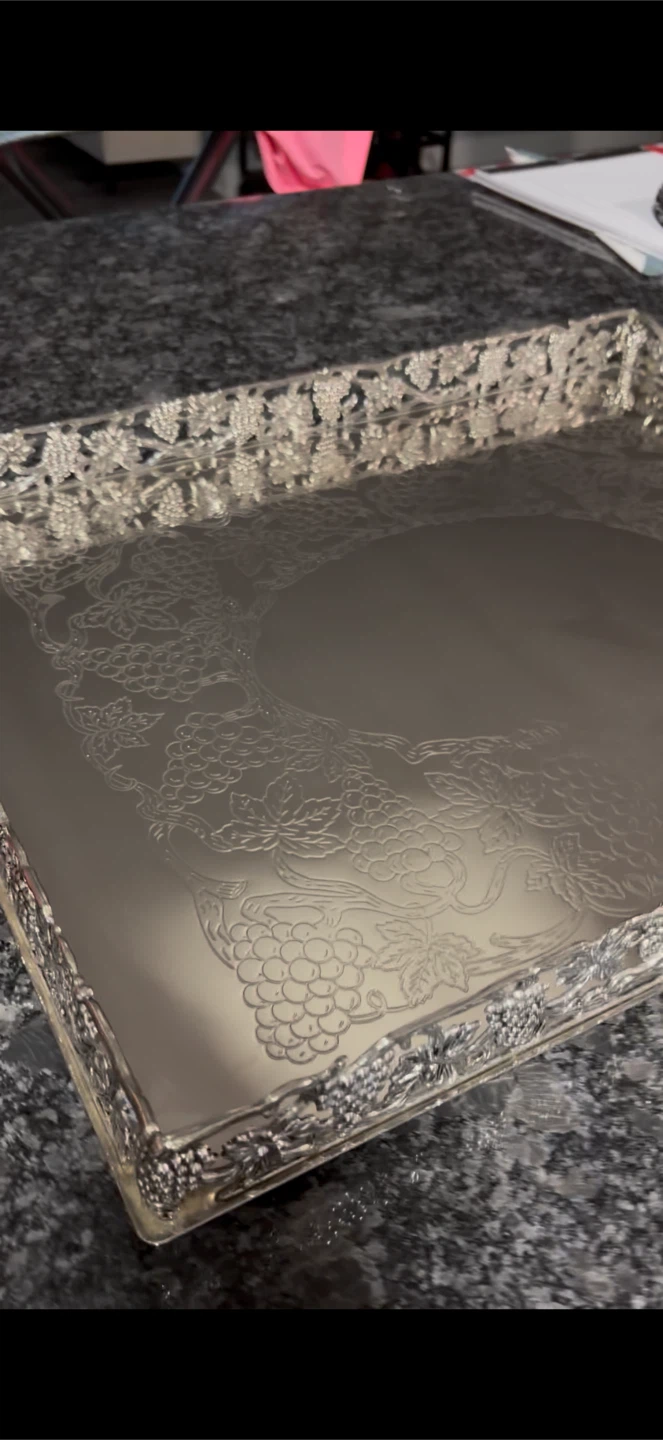 Silver Tone Decorative Tray with Embossed Grapes and Vines