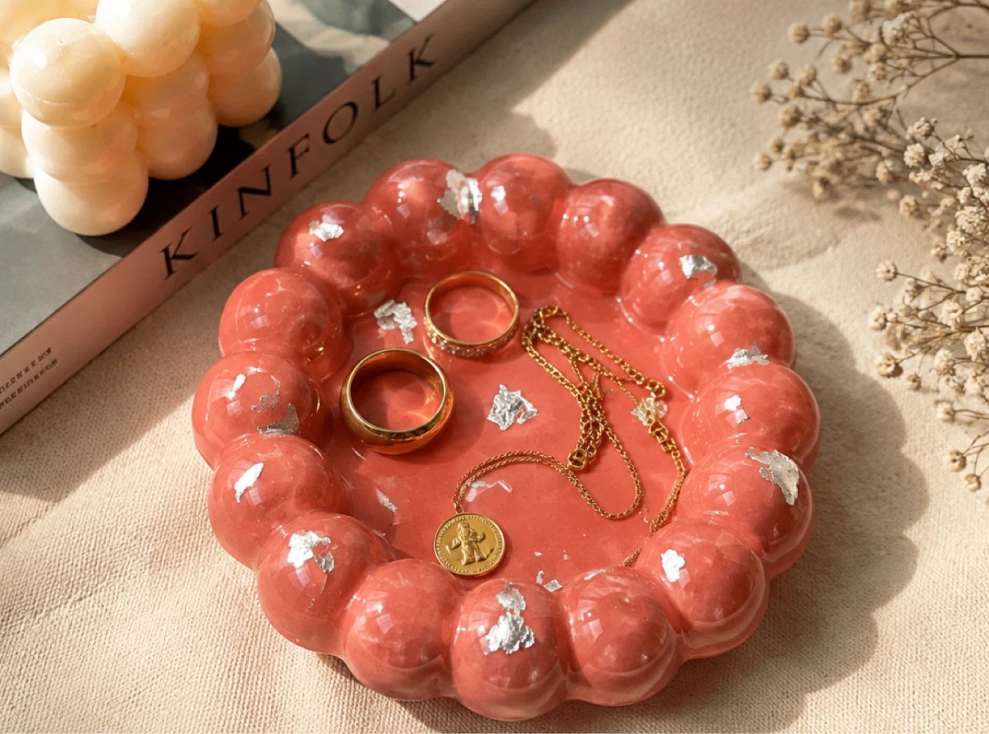 Coral Decorative Trinket Dish with Silver Flakes