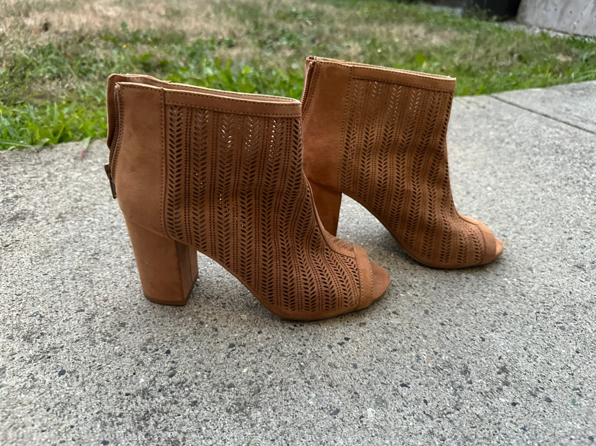 Brown Perforated Peep-Toe Heeled Booties Size 7
