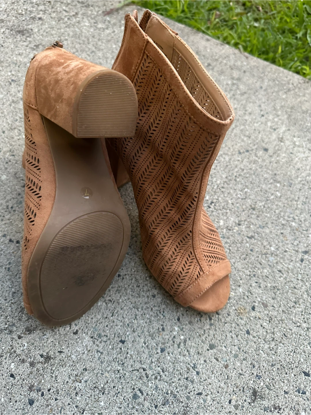 Brown Perforated Peep-Toe Heeled Booties Size 7 - photo 3