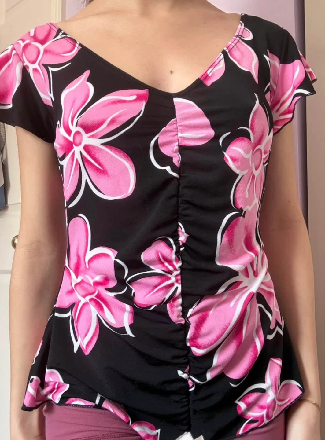 Women's Black Pink Floral Short Sleeve Top