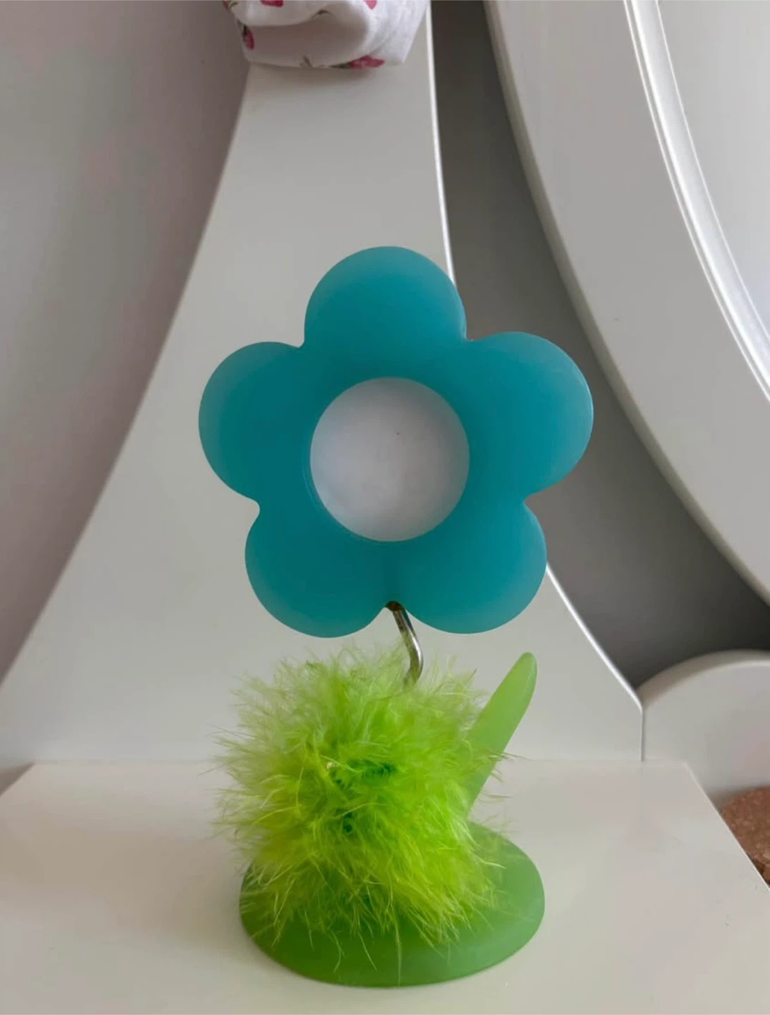 Teal Flower Photo/Note Holder with Fuzzy Green Base