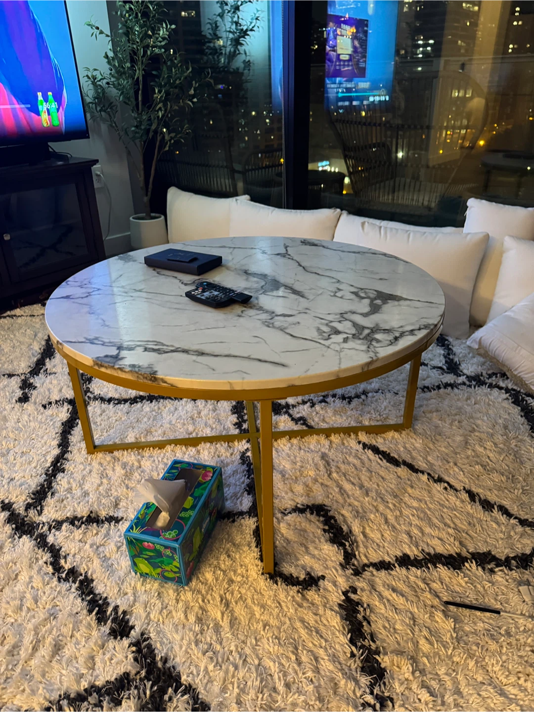 Marble Top Round Coffee Table with Gold Legs