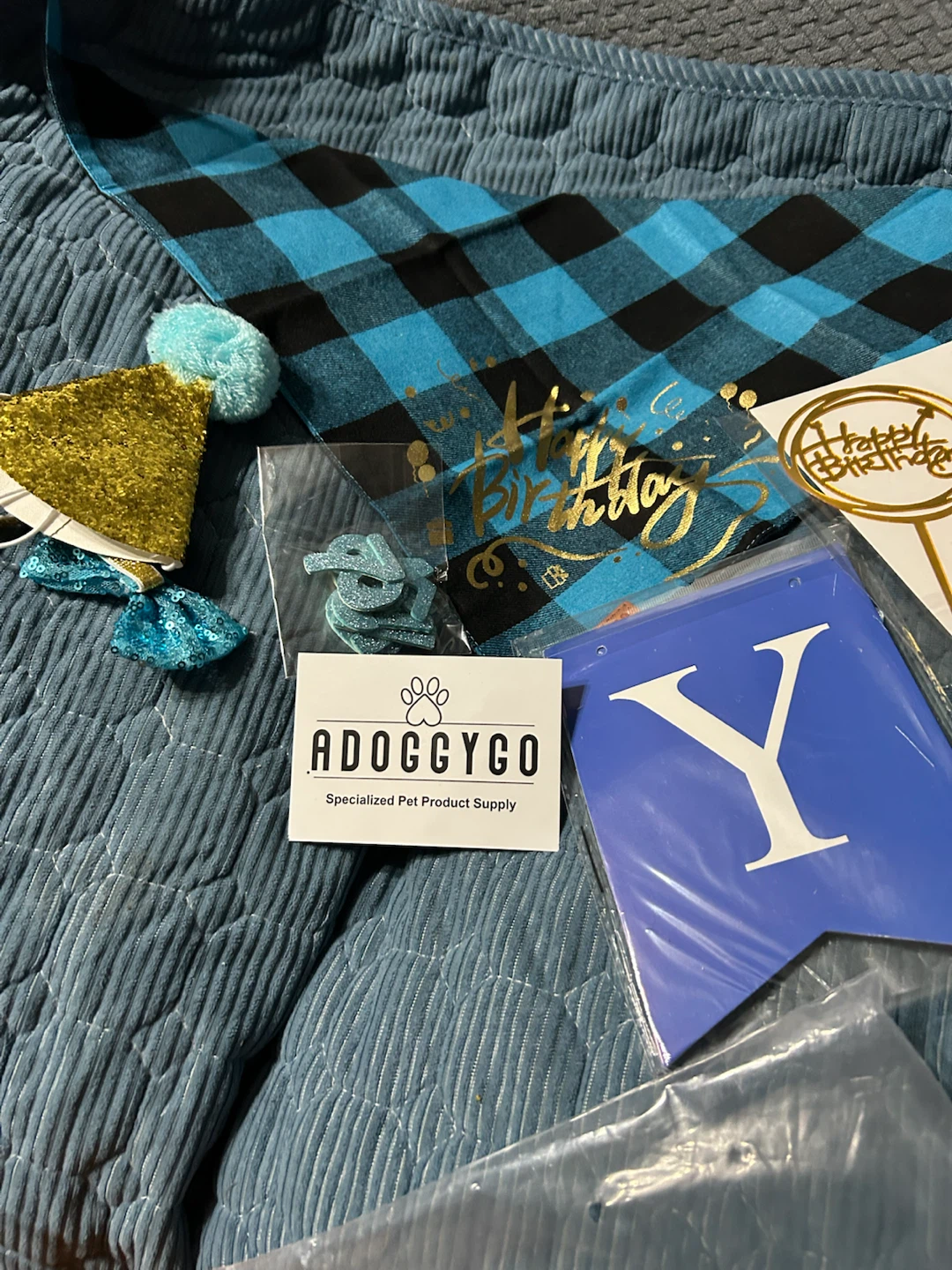 ADOGGYCO Dog Birthday Set - Blue Plaid Bandana, Hat & Bow tie - photo 4