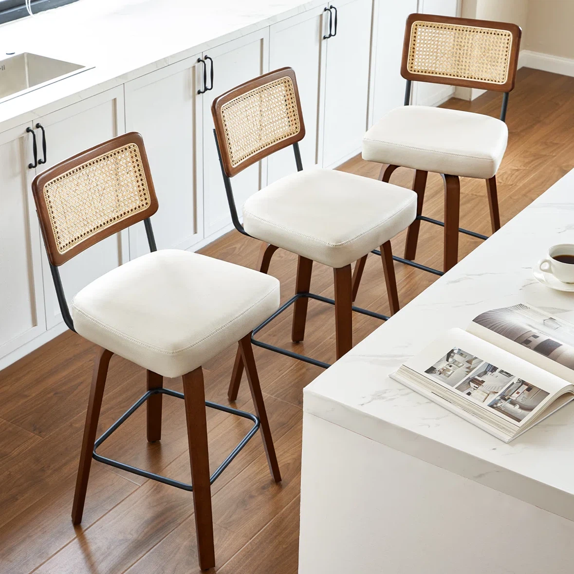 Set of 2 Rattan Back Swivel Bar Stools