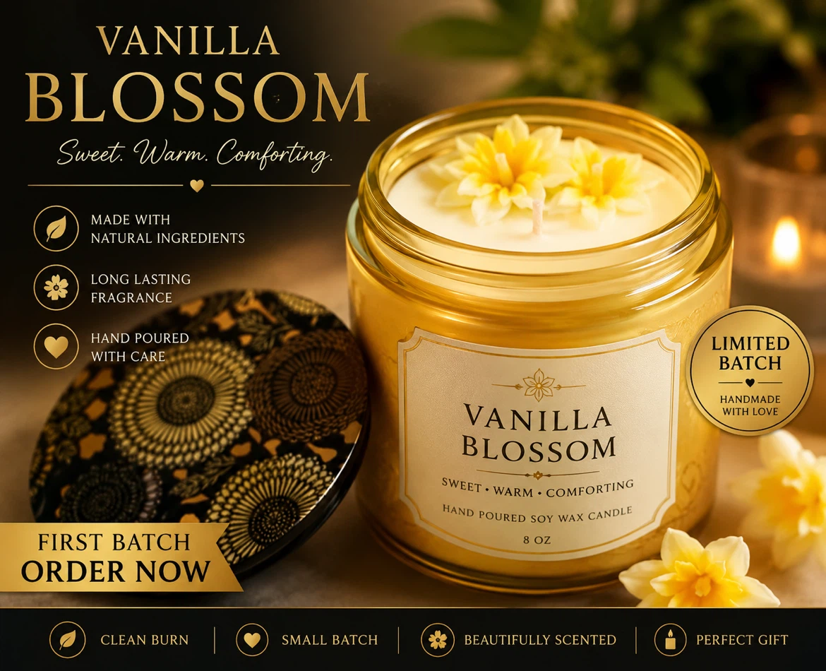 Hand Poured Soy Wax Candle - Vanilla Blossom