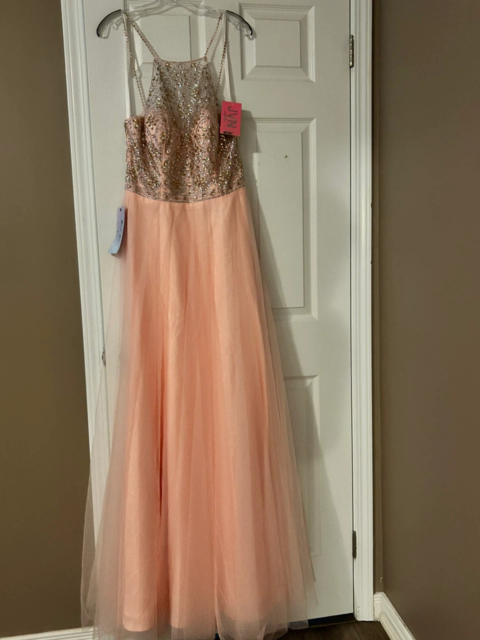 JN BY JVN Peach Beaded Halter Neck Prom Dress