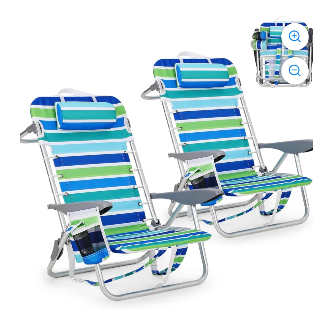 Beach Chair with Pillow and Towel Bar - Blue/Green Stripes