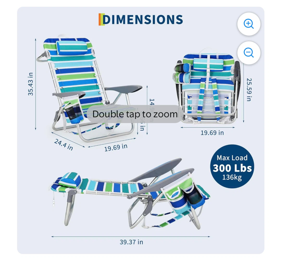 Beach Chair with Pillow and Towel Bar - Blue/Green Stripes - photo 2