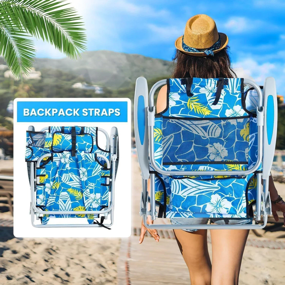 Blue Floral Beach Chair with Backpack Straps - photo 4