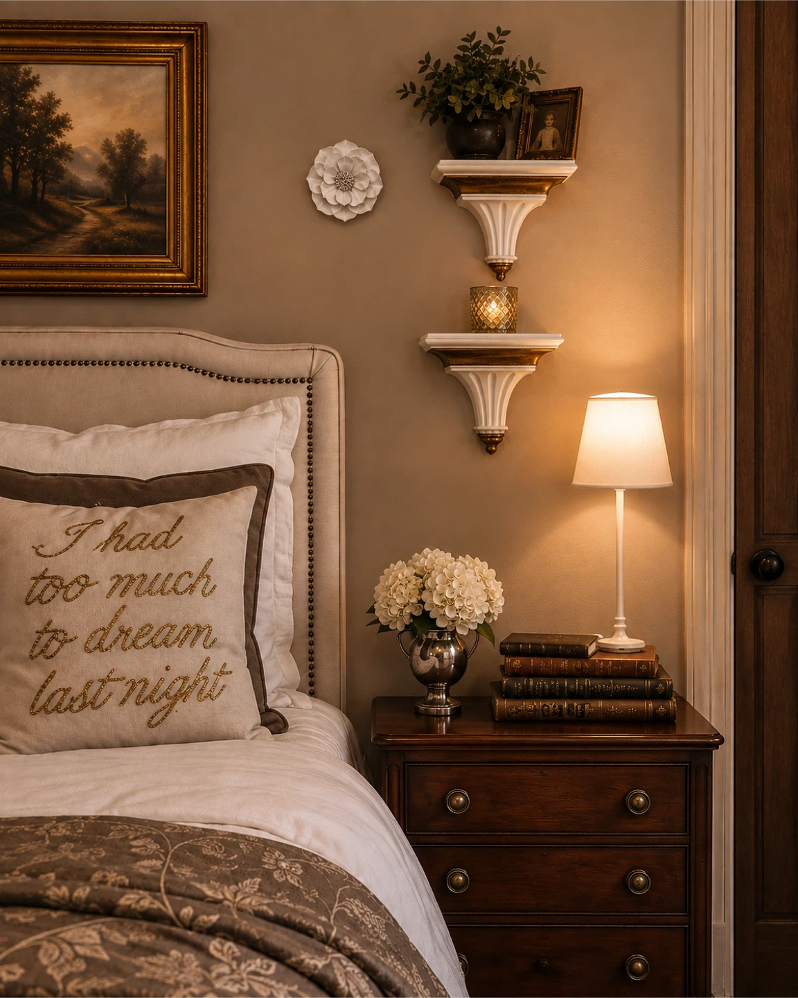 Cozy Bedroom Collection; Pillow, Led Lamp, flower wall accent