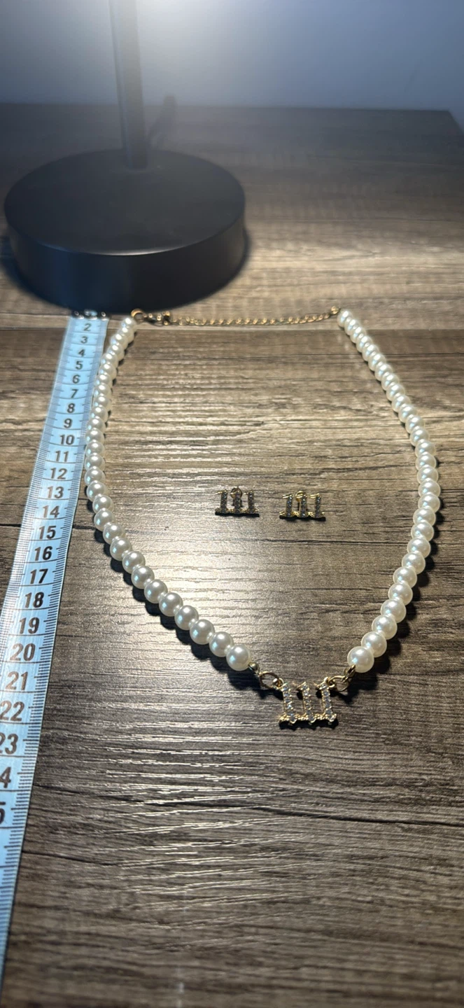 Faux pearl necklace with W initials and matching earrings