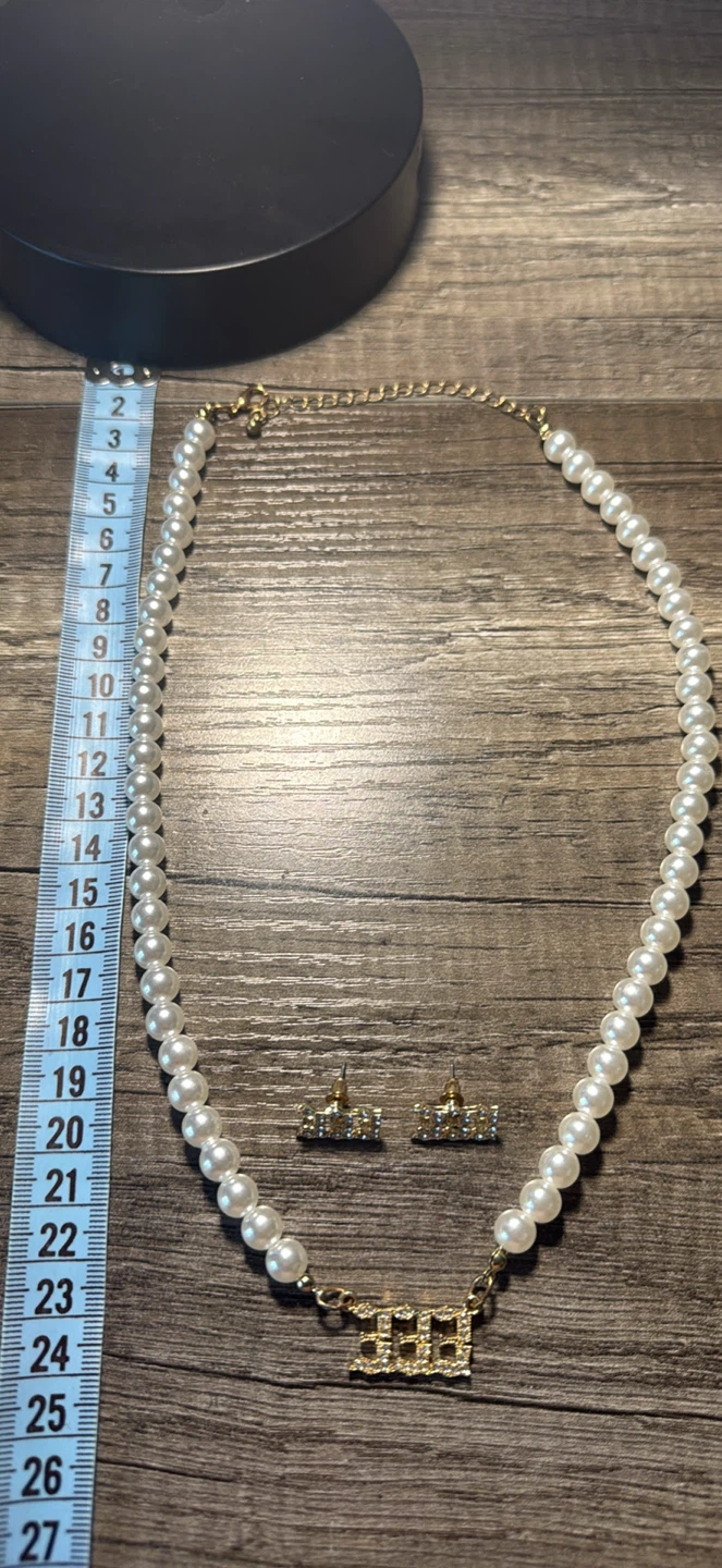 Faux pearl necklace with EEE initials and matching earrings