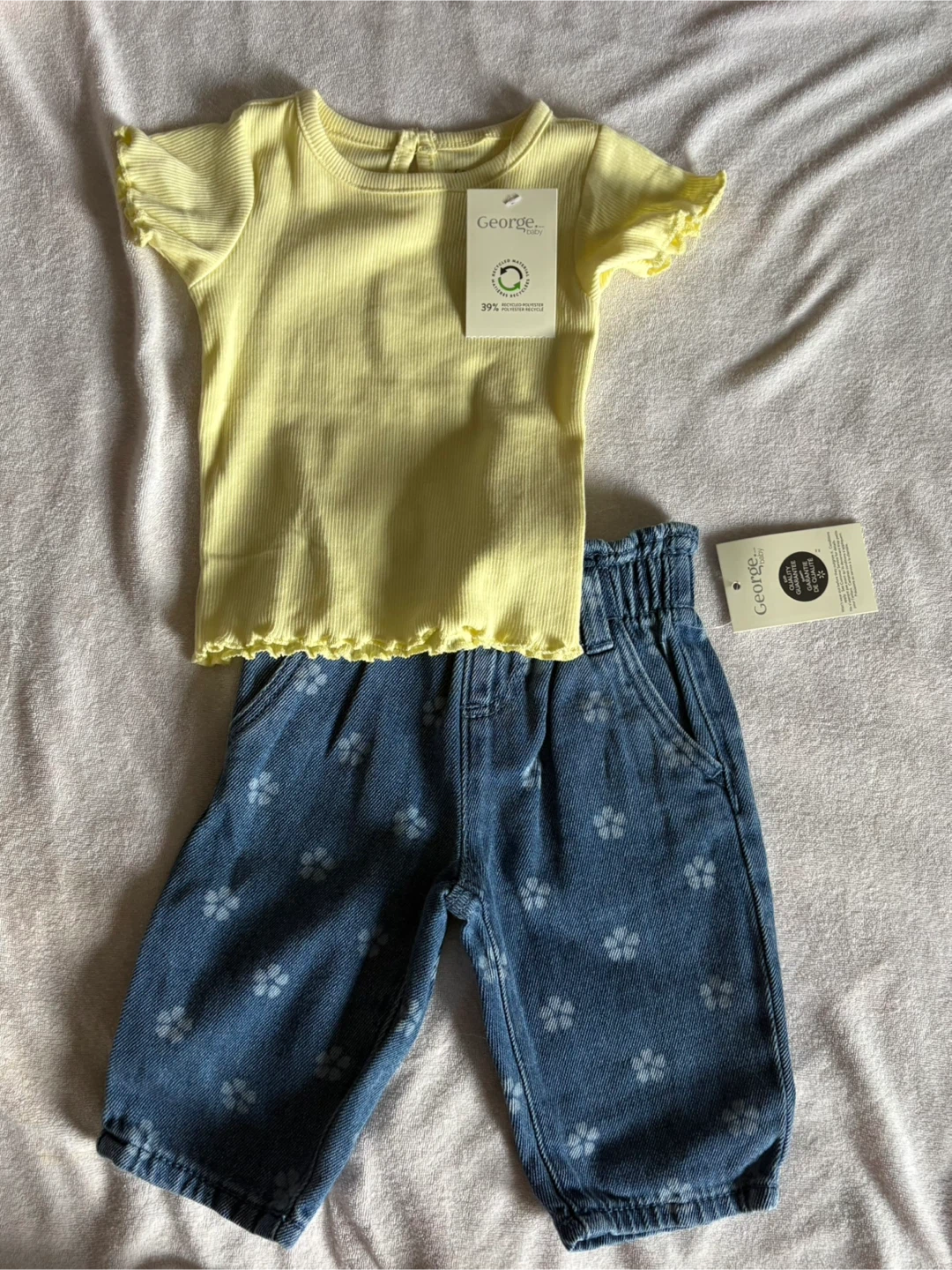 New George Baby Yellow Ribbed Tee & Floral Denim Shorts Set