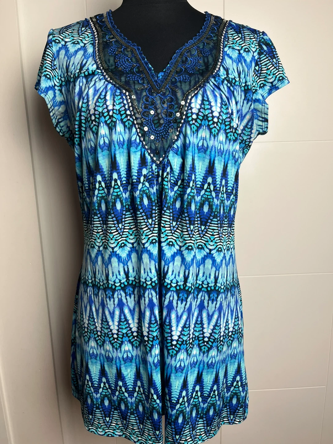Initiatives Blue Patterned Sequin Embellished V-Neck Tunic Top