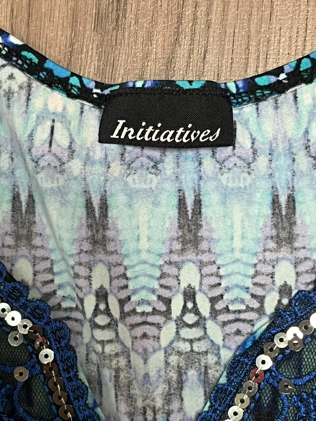 Initiatives Blue Patterned Sequin Embellished V-Neck Tunic Top - photo 4