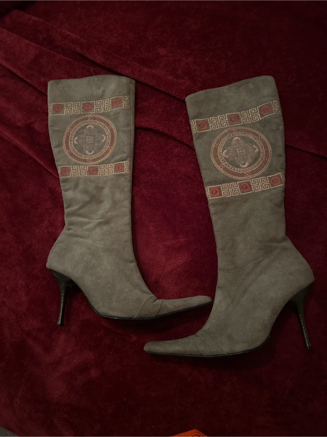Grey Suede Heeled Boots with Embellishment
