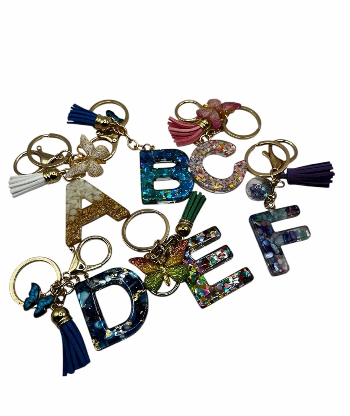 Resin Letter Keychains with Tassels and Charms