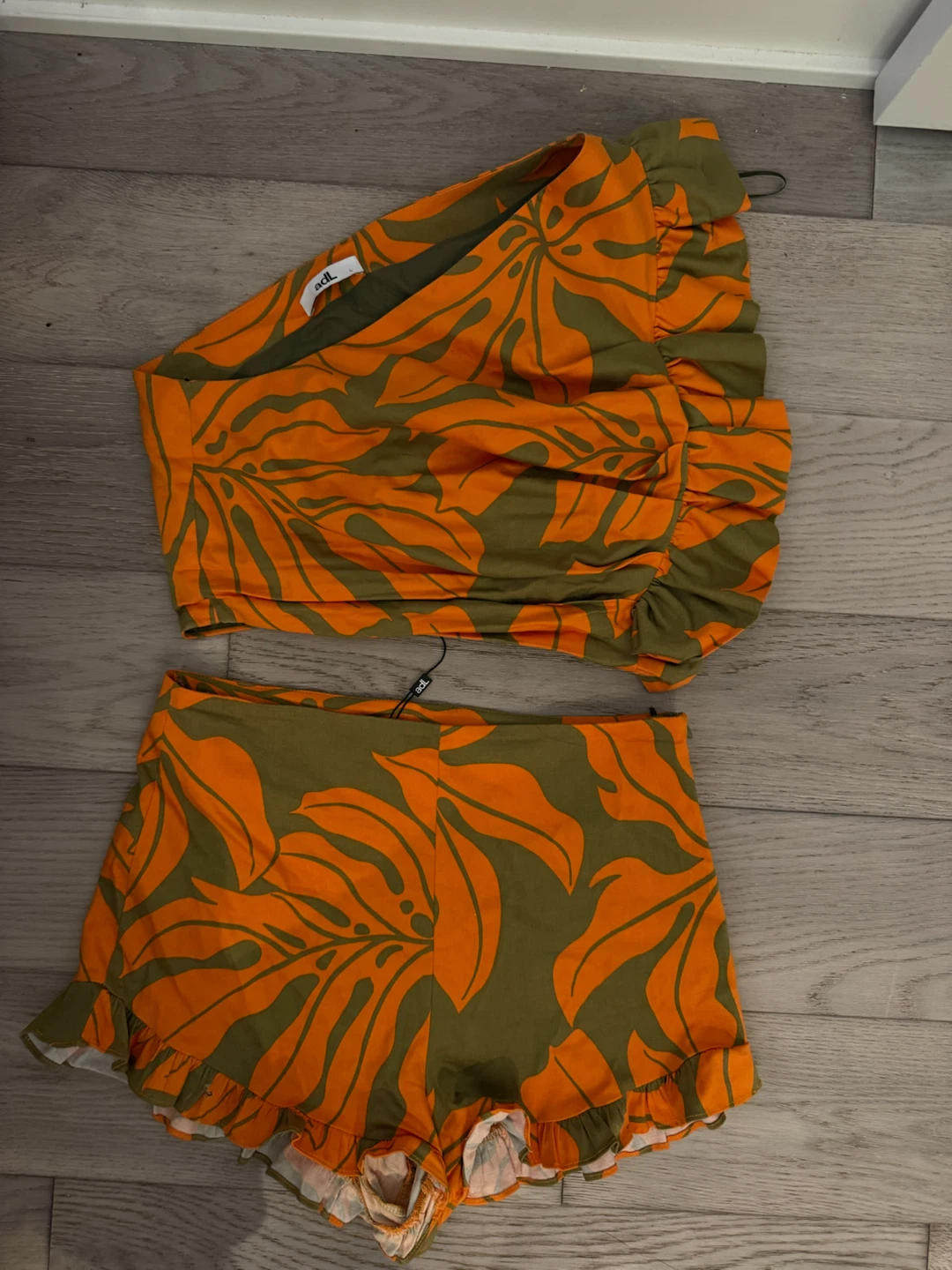 ADL Orange & Olive Leaf Print Crop Top & Shorts Set