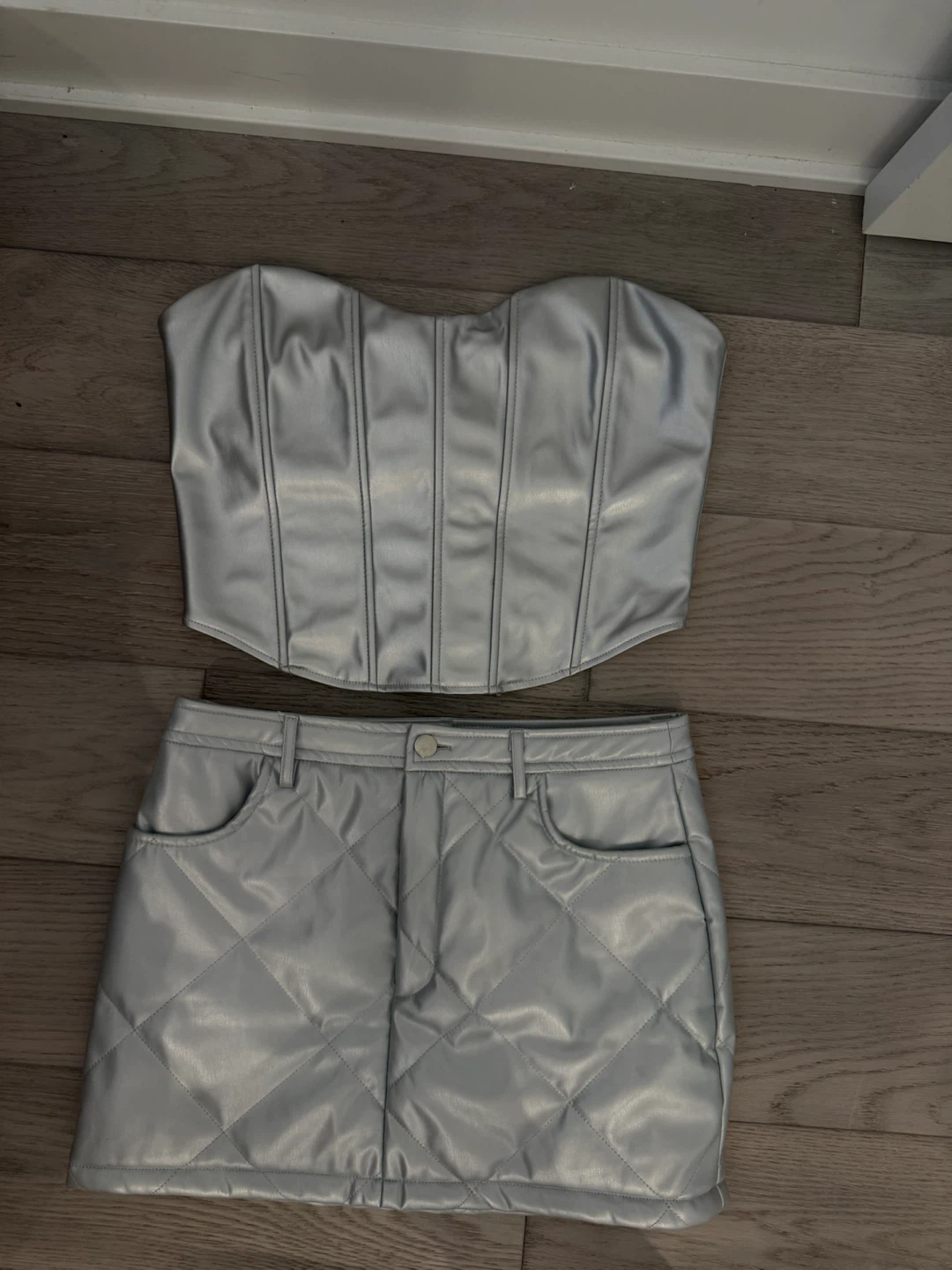 Fashion Nova Silver Corset Top and Quilted Mini Skirt Set