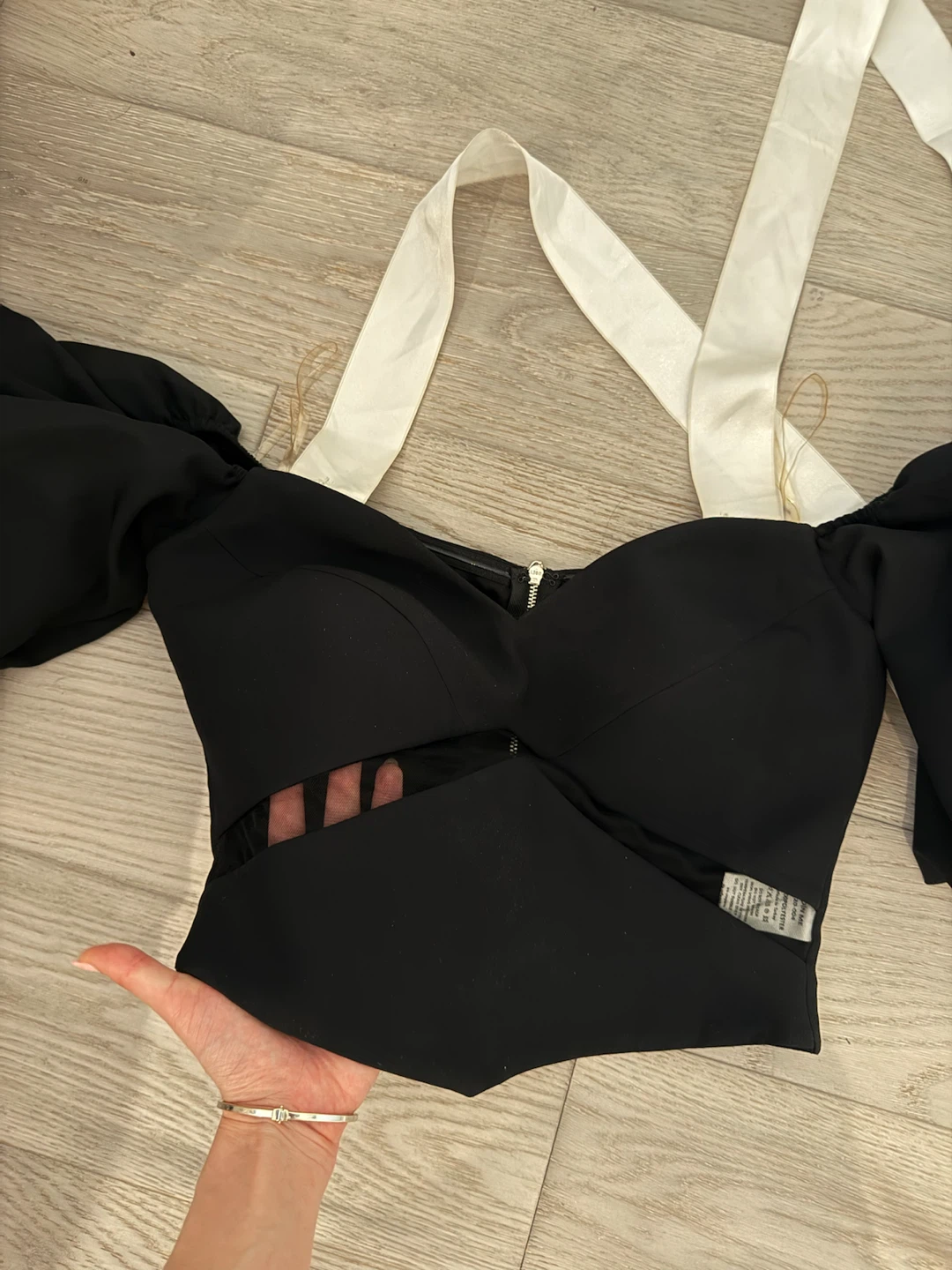 Black Off-the-Shoulder Puff Sleeve Corset Top with White Straps