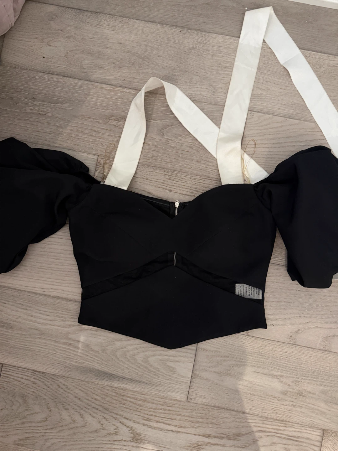 Black Off-the-Shoulder Puff Sleeve Corset Top with White Straps - photo 2