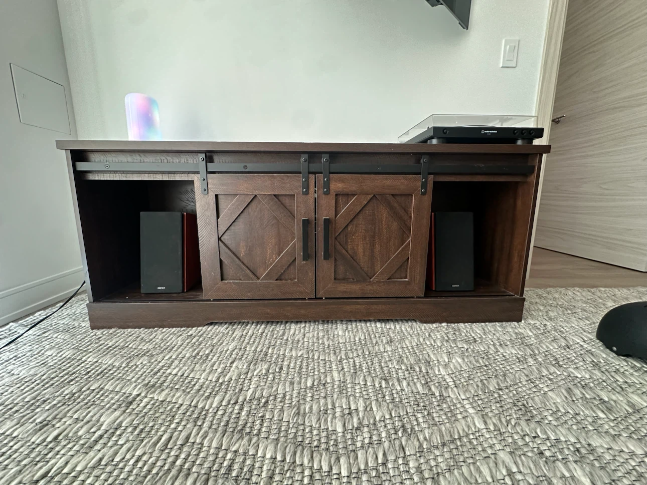 Dark Brown Sliding Barn Door TV Stand Console