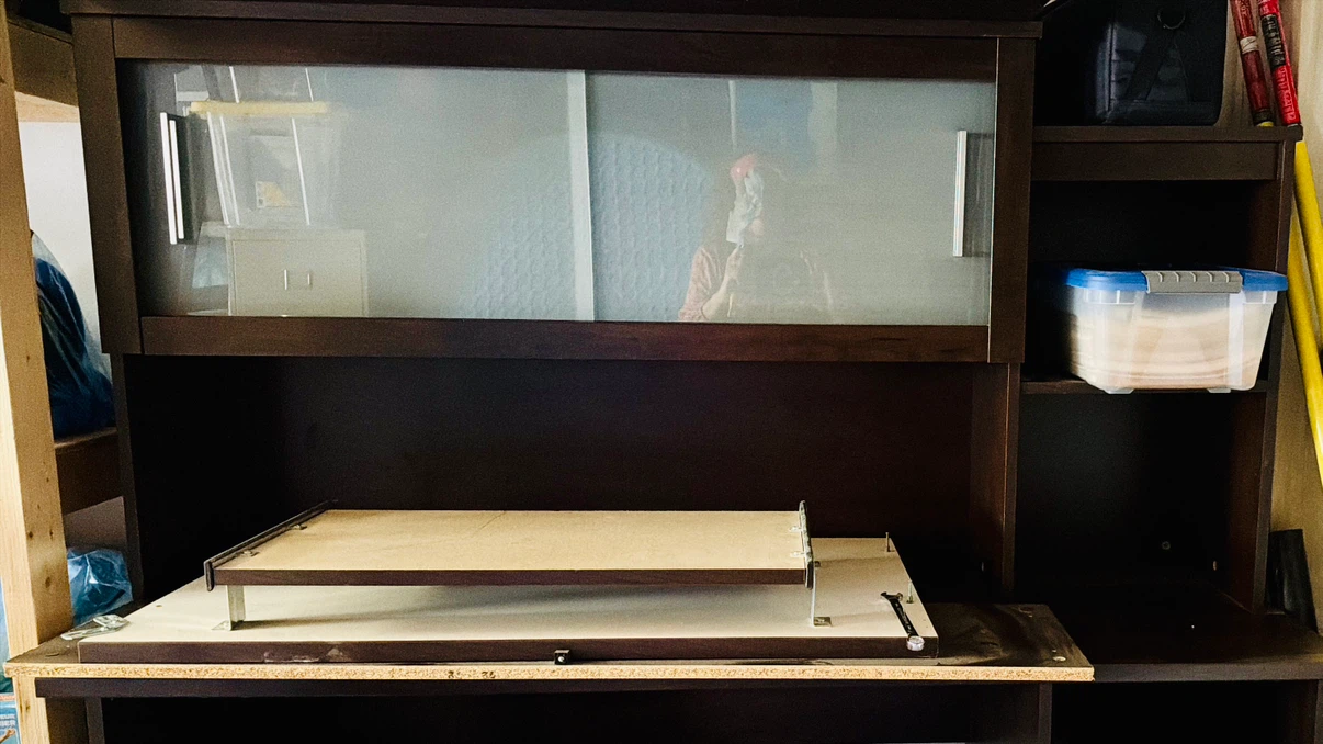 Dark Brown Desk Hutch with Sliding Frosted Doors