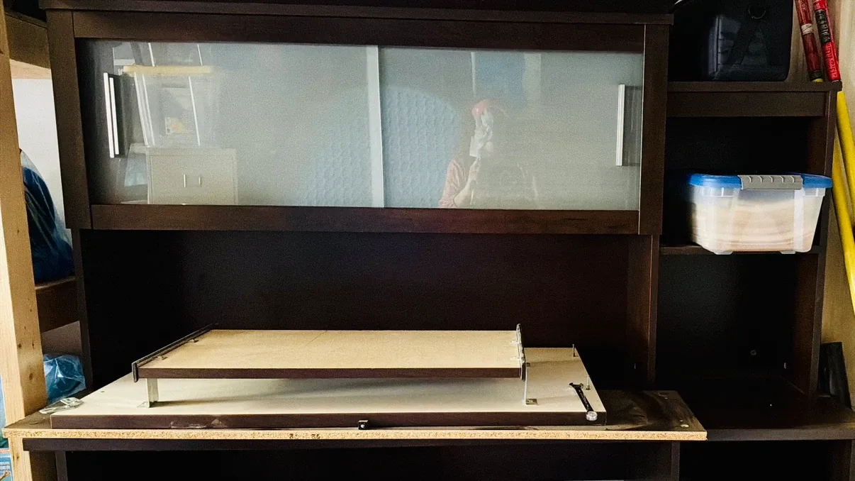 Dark Brown Desk Hutch with Sliding Frosted Doors