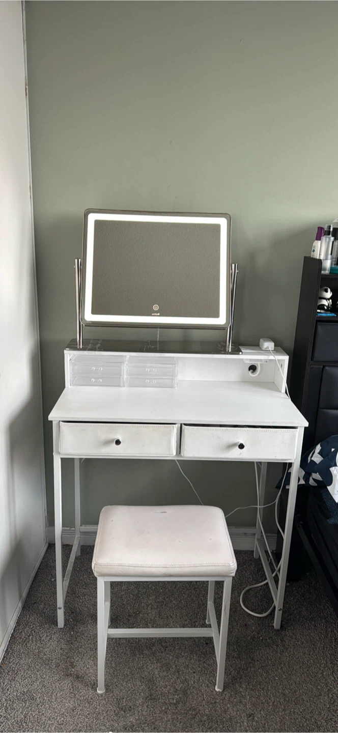 White Vanity Desk with Light-Up Mirror and Stool