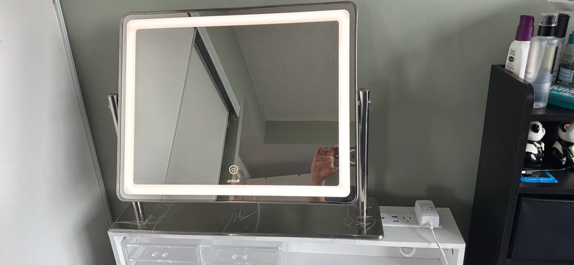 White Vanity Desk with Light-Up Mirror and Stool - photo 2