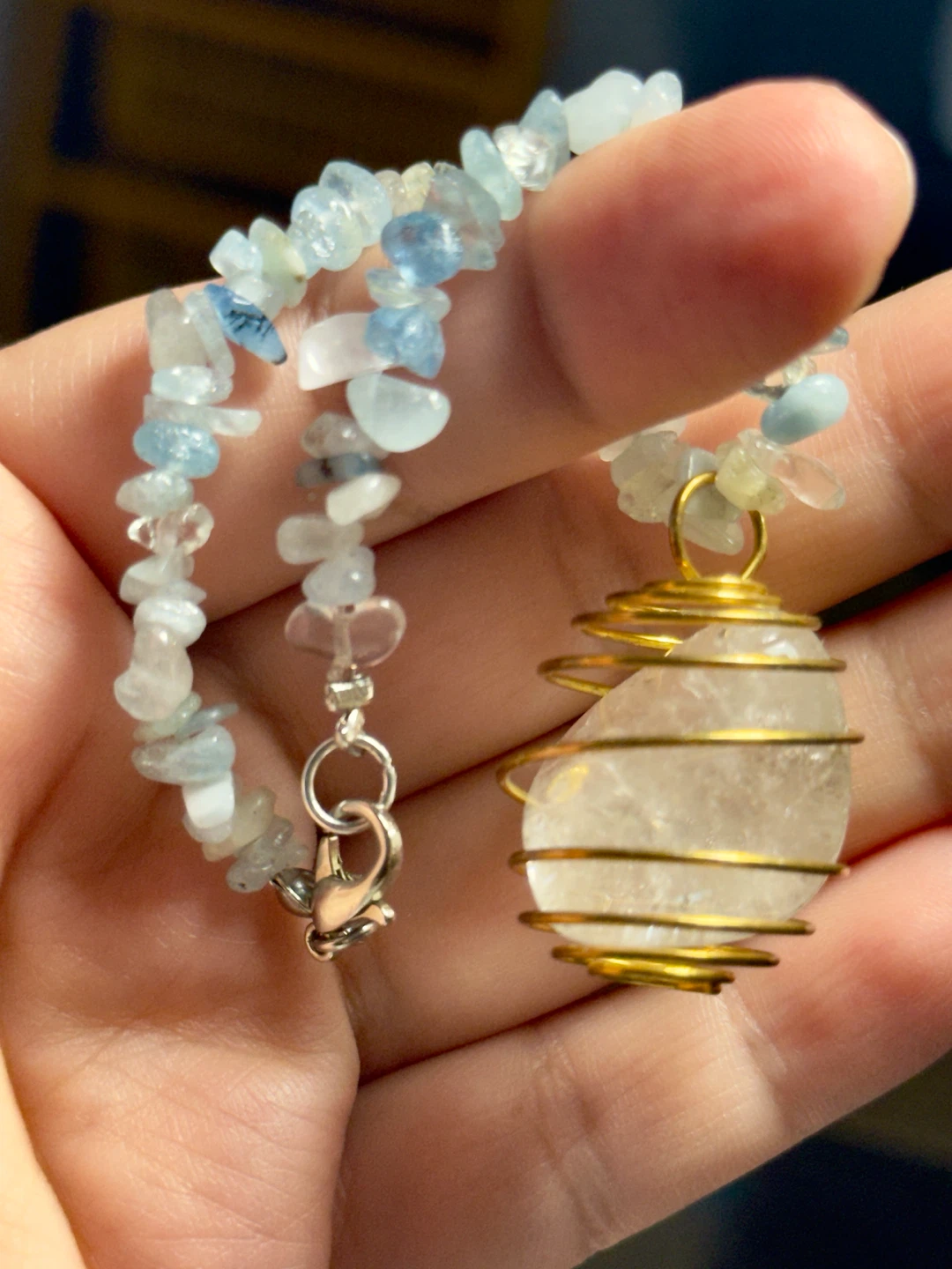Aquamarine bracelet with cage clear quartz