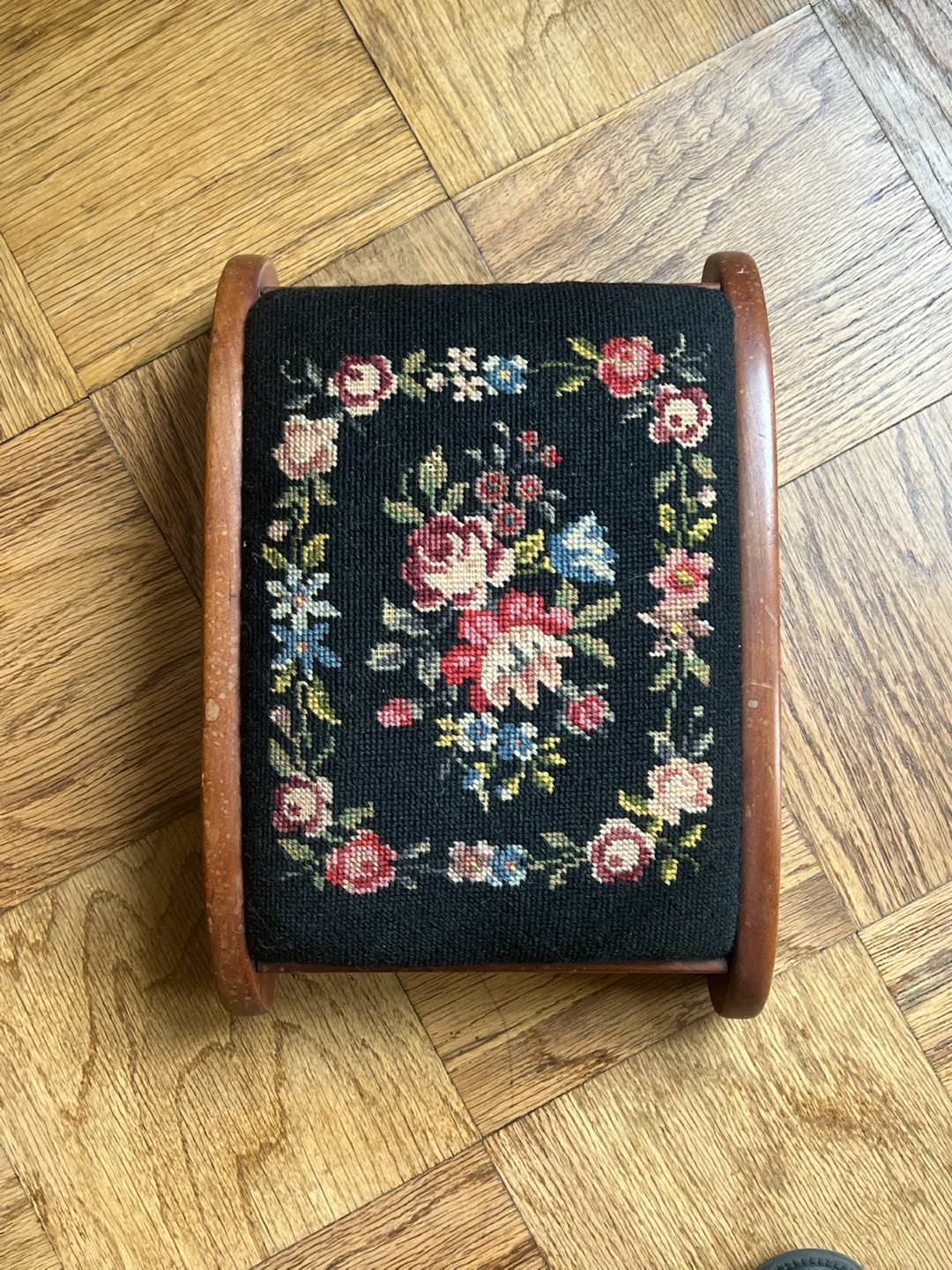 Vintage Needlepoint Footstool Ottoman