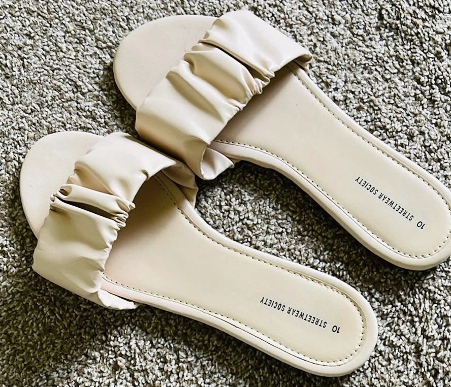 Beige Ruched Slide Sandals