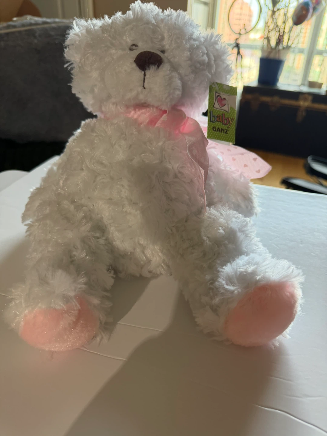 Baby Ganz White Teddy Bear Plush Pink Bow