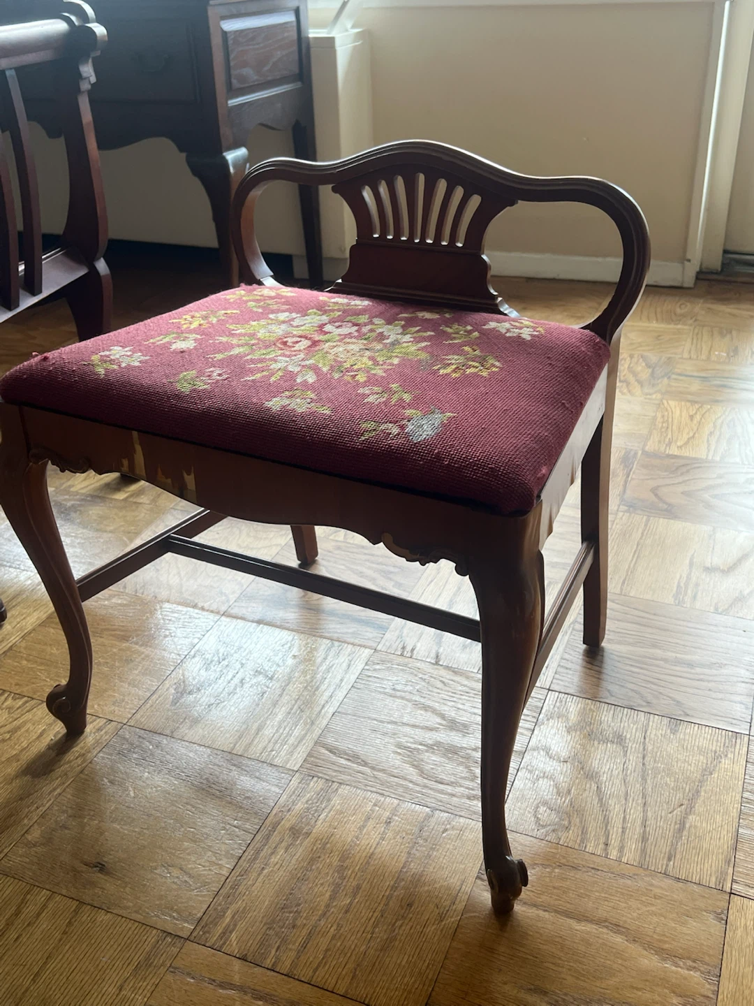 Vintage Vanity Stool with Floral Needlepoint Seat