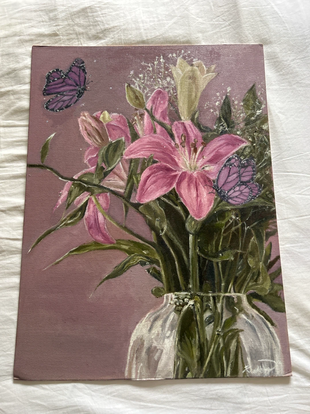 Butterfly and Lillies Oil Painting 18" x 24"