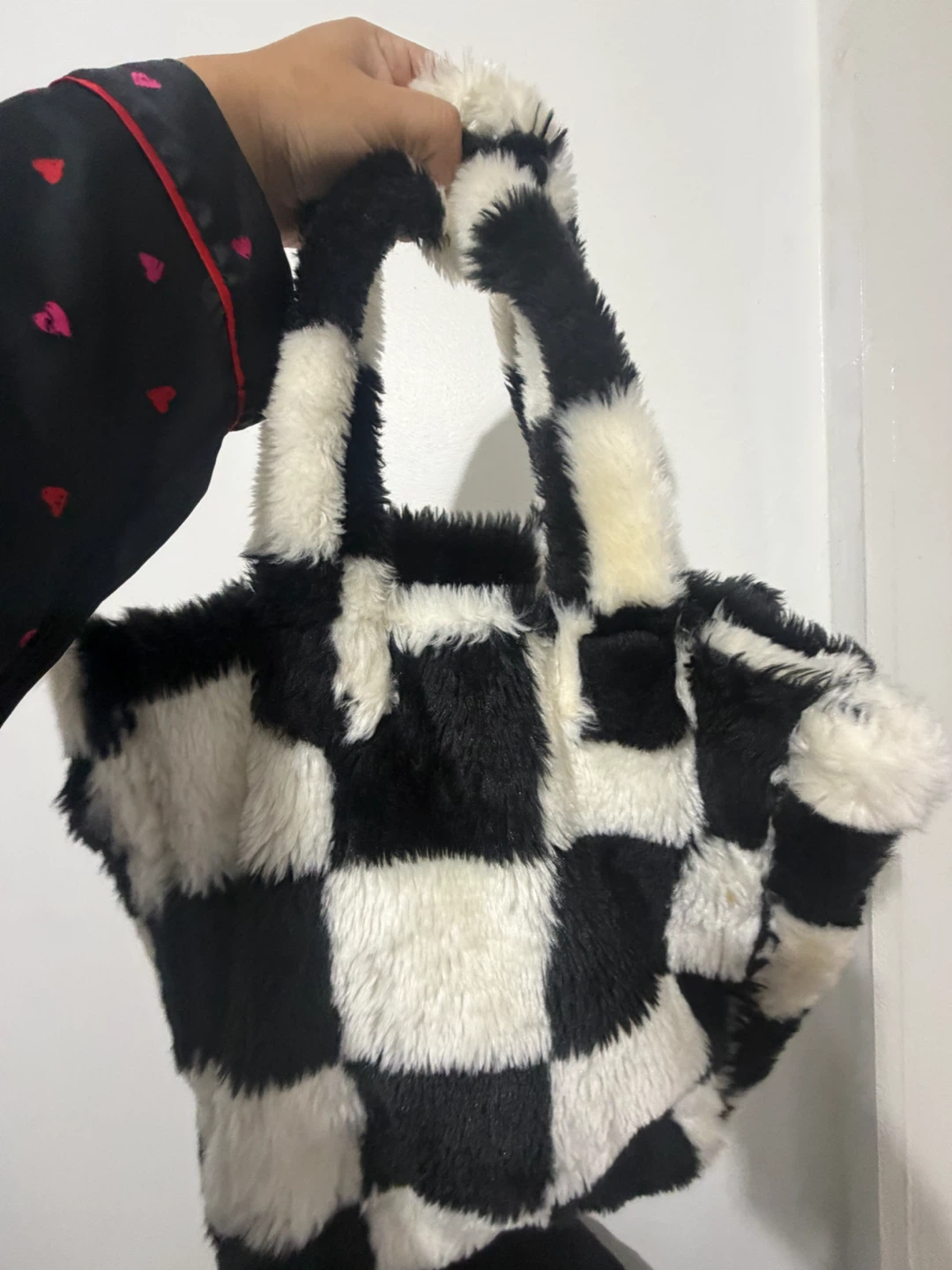 Checkered Faux Fur Tote Bag
