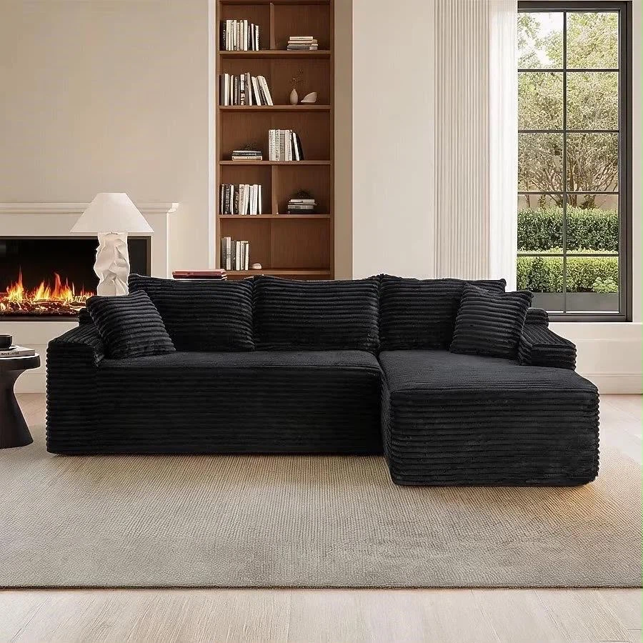 Black Corduroy Sectional Sofa with Chaise